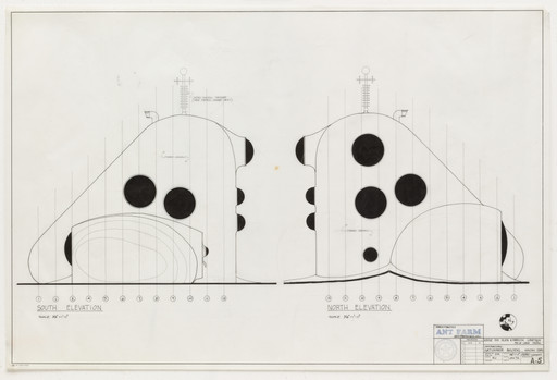 Ant Farm, Richard Jost, Chip Lord, Doug Michels. House of the Century (Alvin and Marilyn Lubetkin House), Mojo Lake, TX (South and North Elevations). 1971-73