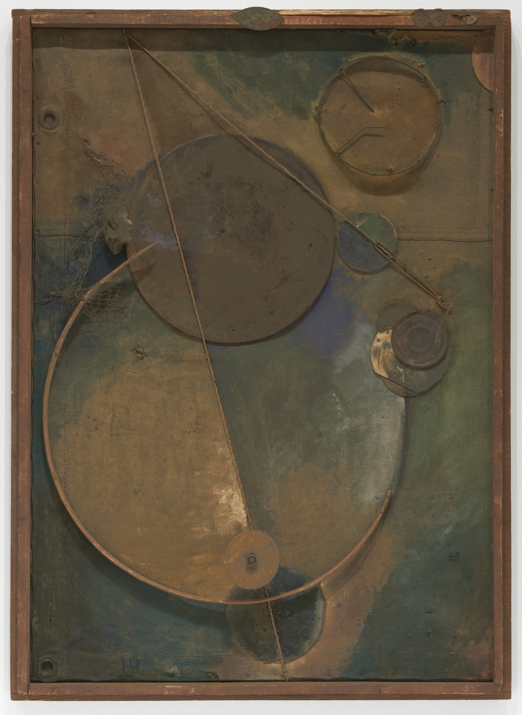 The image shows a framed composition featuring large and small overlapping circles with string elements, set on a greenish-brown background with hints of blue and brown. The circles and strings create a geometric pattern within the rectangular frame. This is an AI generated description. To give feedback, email ai@moma.org.