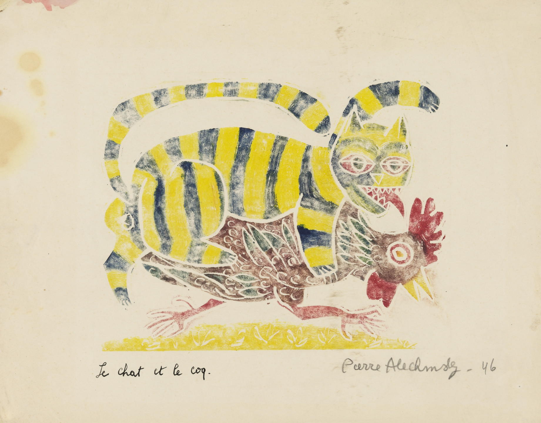 Pierre Alechinsky. The Cat and the Rooster (Le chat et le coq) from Aesop&#39;s Fable (Fables d&#39;Ésope). 1946