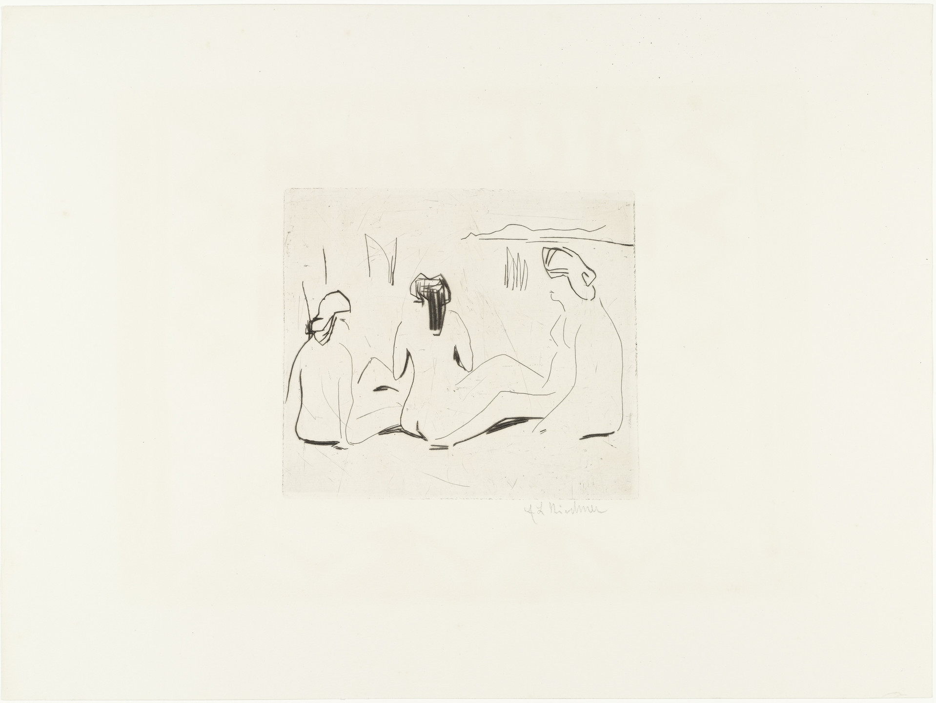 Ernst Ludwig Kirchner. Three Bathers at the Moritzburg Lakes (Drei Badende an den Moritzburger Seen) from Brücke 1910. 1909, published 1910