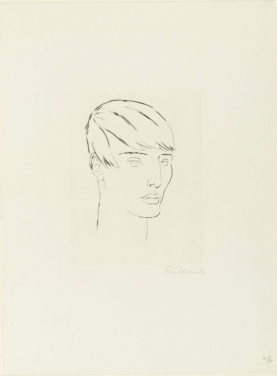 A simple line drawing on white background shows a head with short hair and a long neck facing forward. Thin black lines outline the facial features, hair, and neck. This is an AI generated description. To give feedback, email ai@moma.org.
