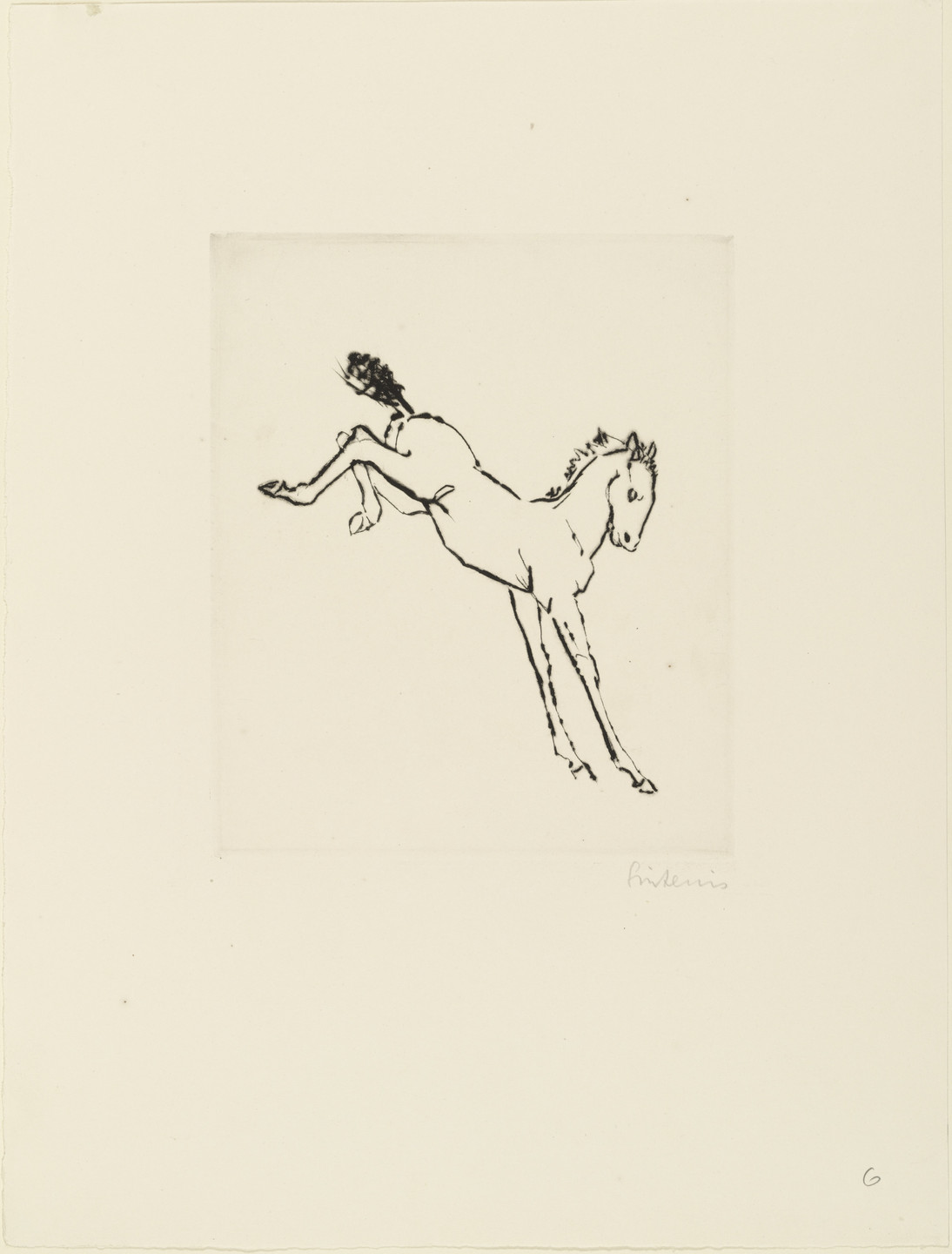 A simple black line drawing on a white background depicts a horse in mid-air with its back legs kicked up. The image is centered with generous white space around it. This is an AI generated description. To give feedback, email ai@moma.org.