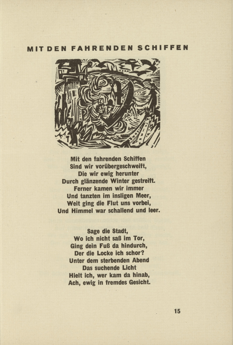 Ernst Ludwig Kirchner. With Travelling Ships (Mit den fahrenden Schiffen) (headpiece, page 15) from Umbra vitae (Shadow of Life). 1924