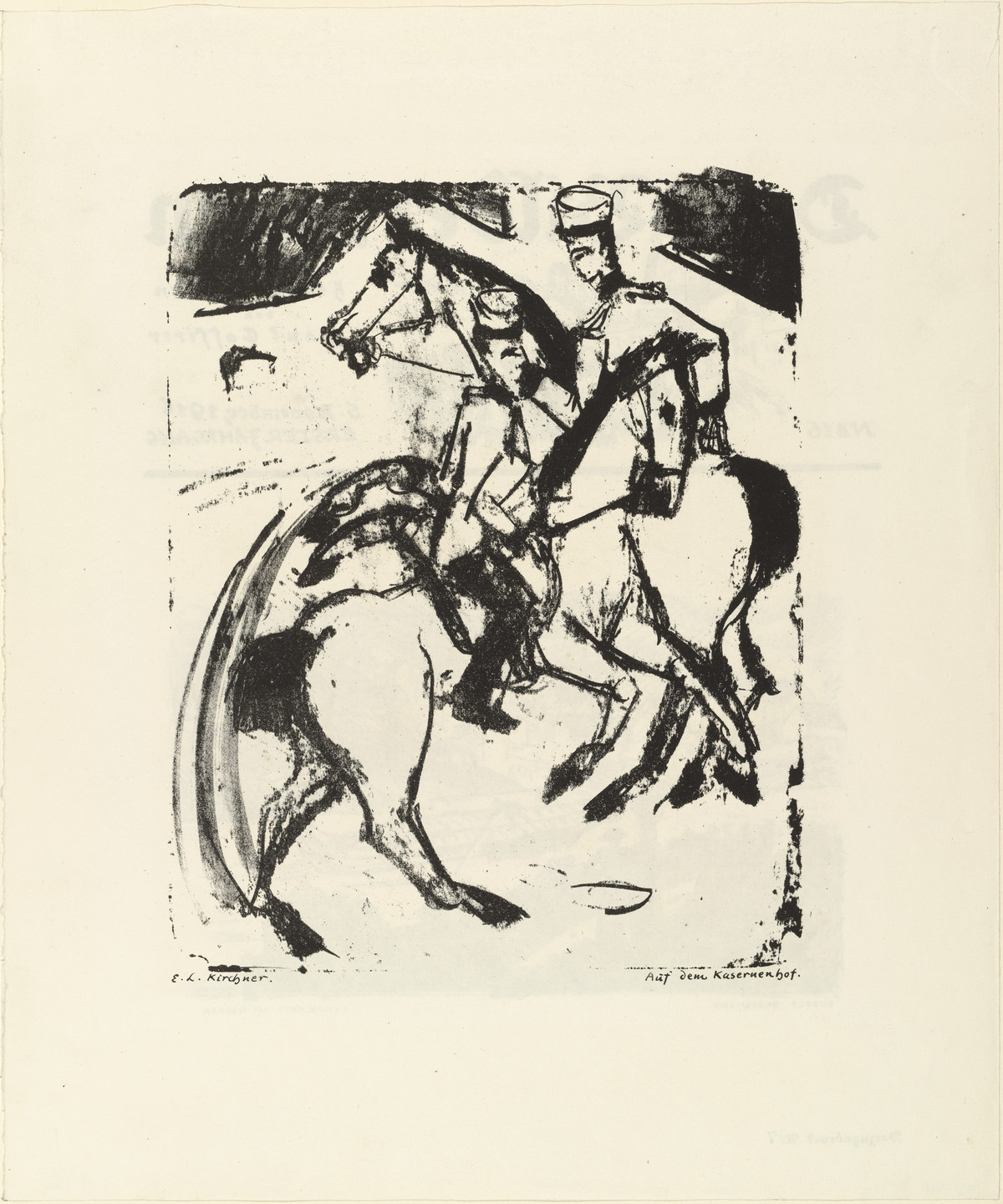 Ernst Ludwig Kirchner, Rudolf Grossmann. In the Barracks Yard (Auf dem Kasernenhof) from the periodical Der Bildermann , no. 15 (November 5, 1916) (recto); _Landscape by the Neckar River (Landschaft am Neckar) _ from the periodical Der Bildermann, no. 15 (November 5, 1916) (verso)_ _. 1916