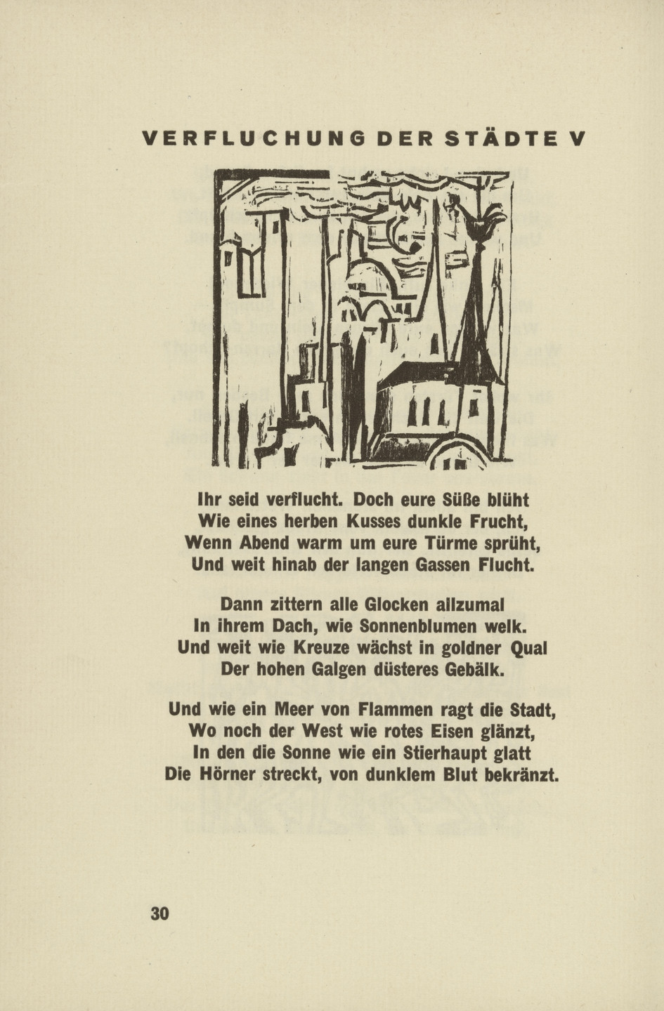 Ernst Ludwig Kirchner. Curse Against the Cities V (Verfluchung der Städte V) (headpiece, page 30) from Umbra vitae (Shadow of Life). 1924