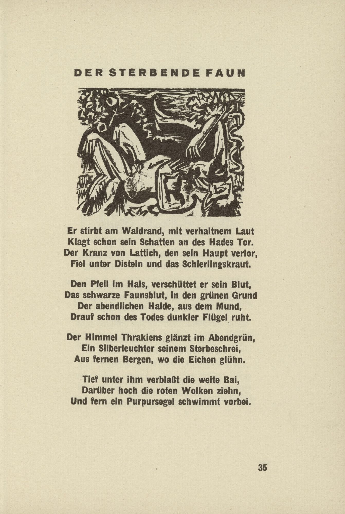 Ernst Ludwig Kirchner. The Dying Faun (headpiece, page 35) from Umbra vitae (Shadow of Life)