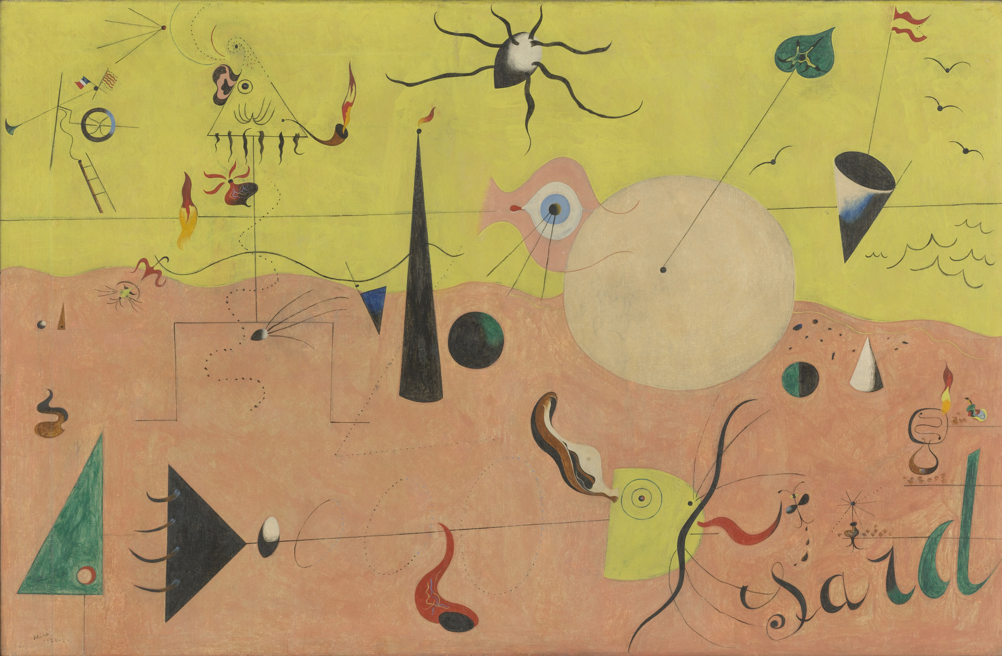 The image features a predominantly yellow and pink canvas with various geometric and organic shapes, lines, and symbols scattered throughout. Elements include cones, circles, black wavy lines, a blue eye, and flames. This is an AI generated description. To give feedback, email ai@moma.org.