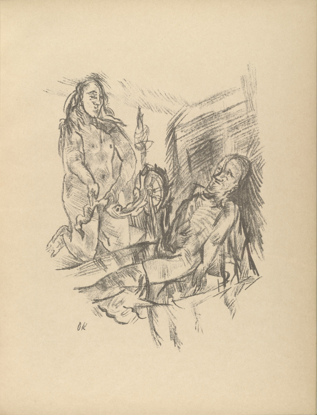 Oskar Kokoschka. At the Spinning Wheel (Am Spinnrad) (plate, folio 9) from Die Chinesische Mauer (The Great Wall of China). 1914 (executed 1913)