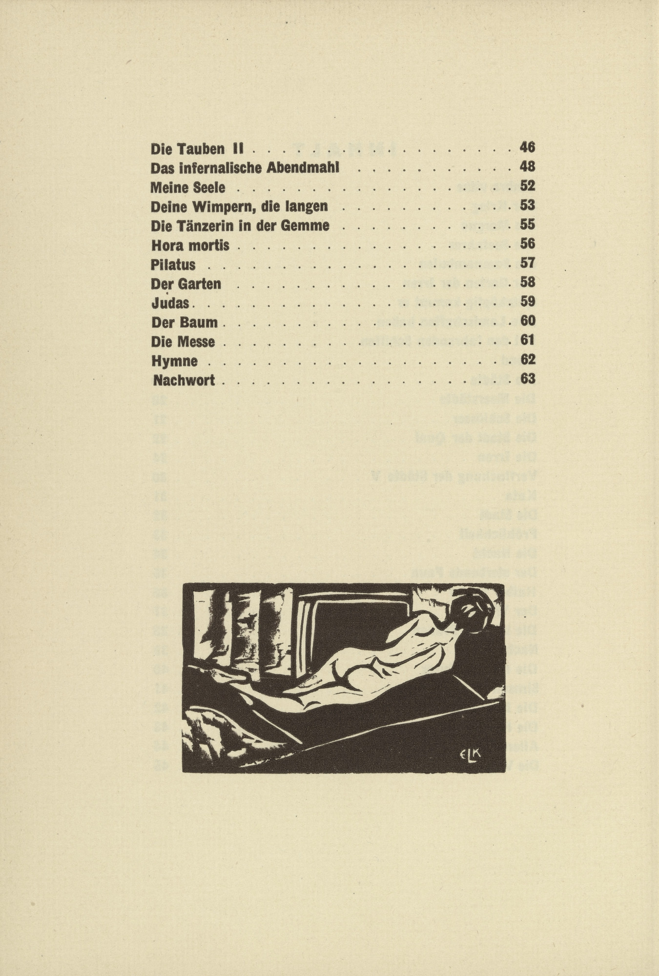 Ernst Ludwig Kirchner. Reclining Nude (tailpiece, table of contents) from Umbra Vitae (Shadow of Life)