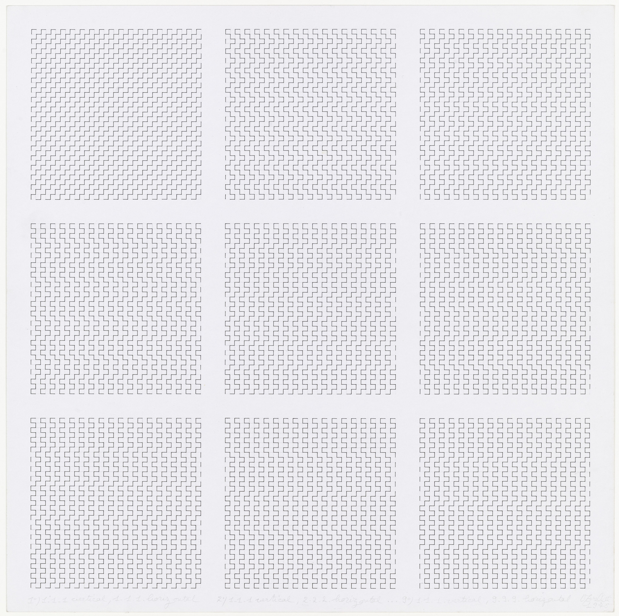 François Morellet. 1º) 1.1.1 vertical, 1.1.1 horizontal, 2º) 1.1.1 vertical, 2.2.2 horizontal, 9º) 1.1.1 vertical, 9.9.9 horizontal
