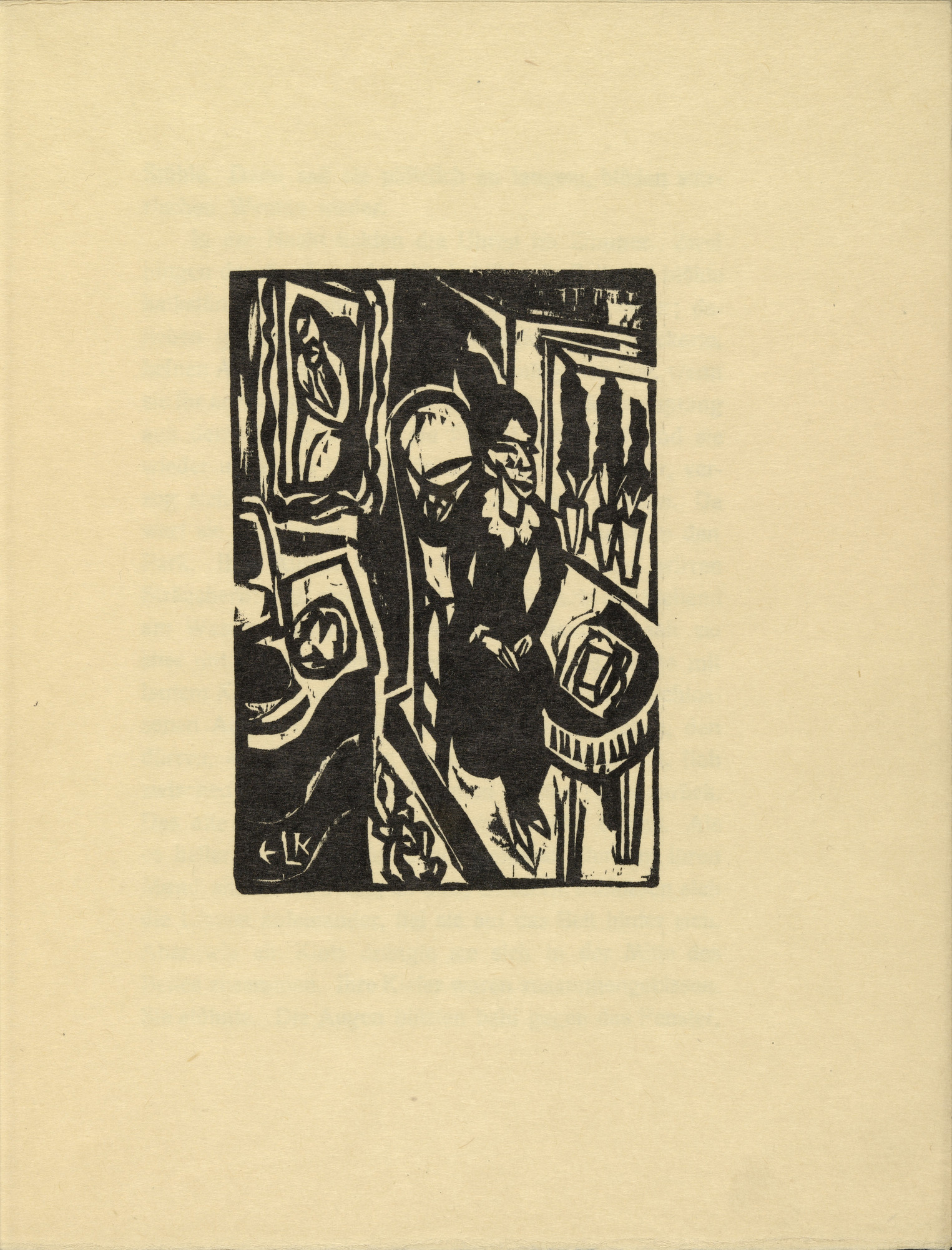 Ernst Ludwig Kirchner. Canoness at the Sewing Table (plate, folio 2) from Das Stiftsfräulein und der Tod (The Canoness and Death)