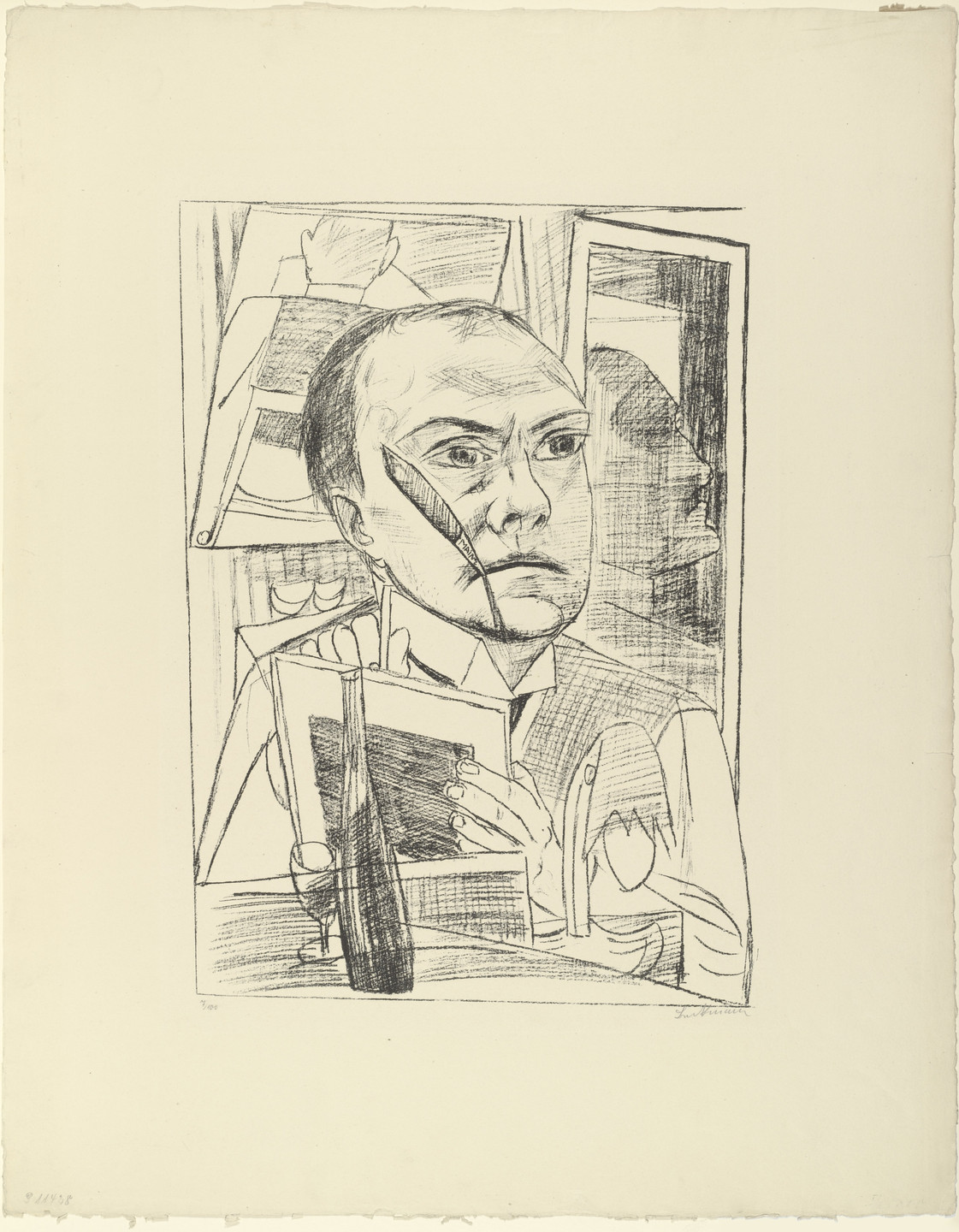 A black-and-white sketch features a serious-looking face holding a paintbrush in front of a canvas. The background shows fragmented shapes and overlapping elements. This is an AI generated description. To give feedback, email ai@moma.org.