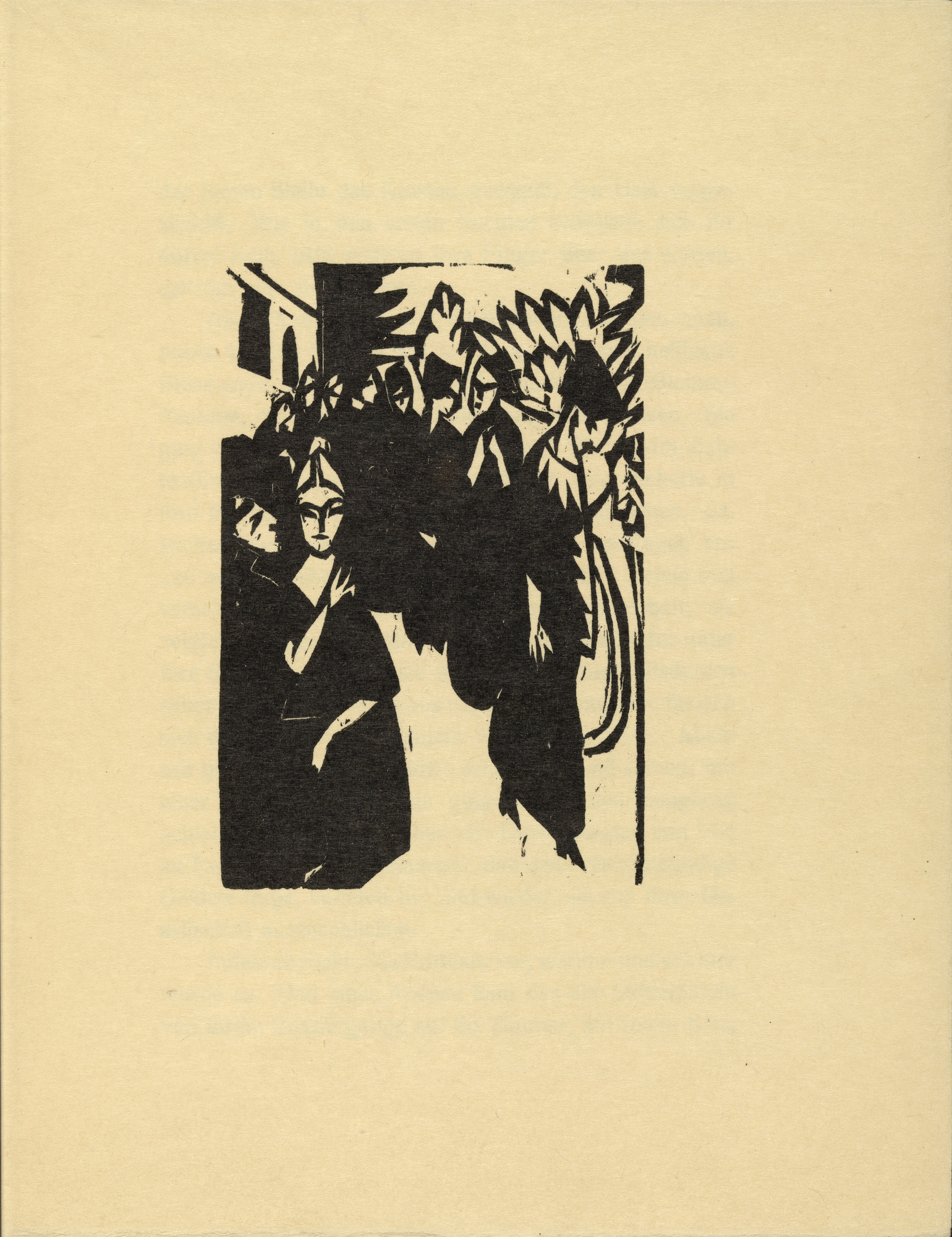 Ernst Ludwig Kirchner. Canoness in the Garden  (plate, folio 5) from Das Stiftsfräulein und der Tod (The Canoness and Death)