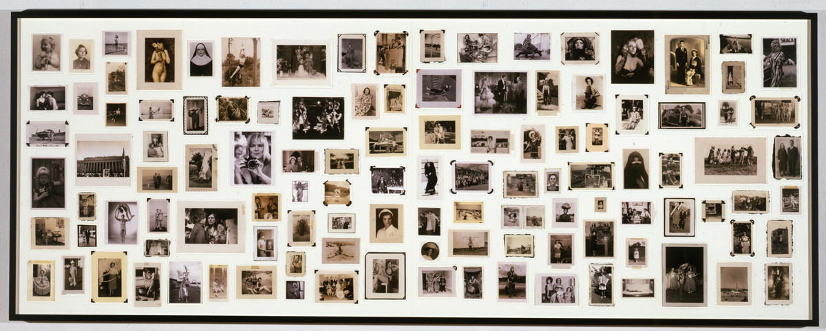 A large collage of vintage photos in sepia and monochrome tones displayed in a grid-like arrangement within a black frame. The images vary in size and depict people and scenes from different eras. This is an AI generated description. To give feedback, email ai@moma.org.