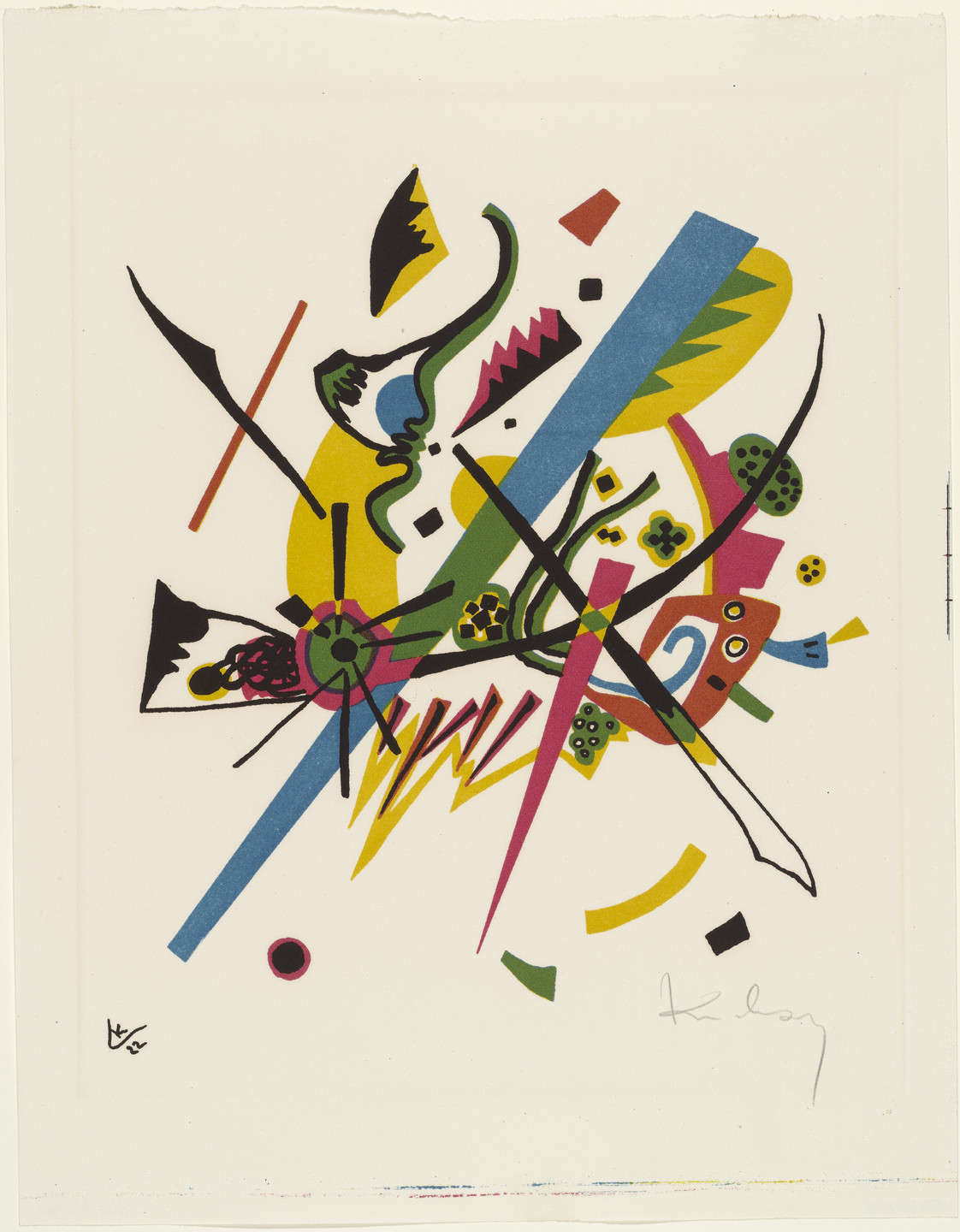 A composition of colorful geometric and organic shapes, including lines, curves, and zigzags in blue, yellow, red, black, and green, set against an off-white background. Black lines intersect at various angles, interspersed with colorful shapes. This is an AI generated description. To give feedback, email ai@moma.org.
