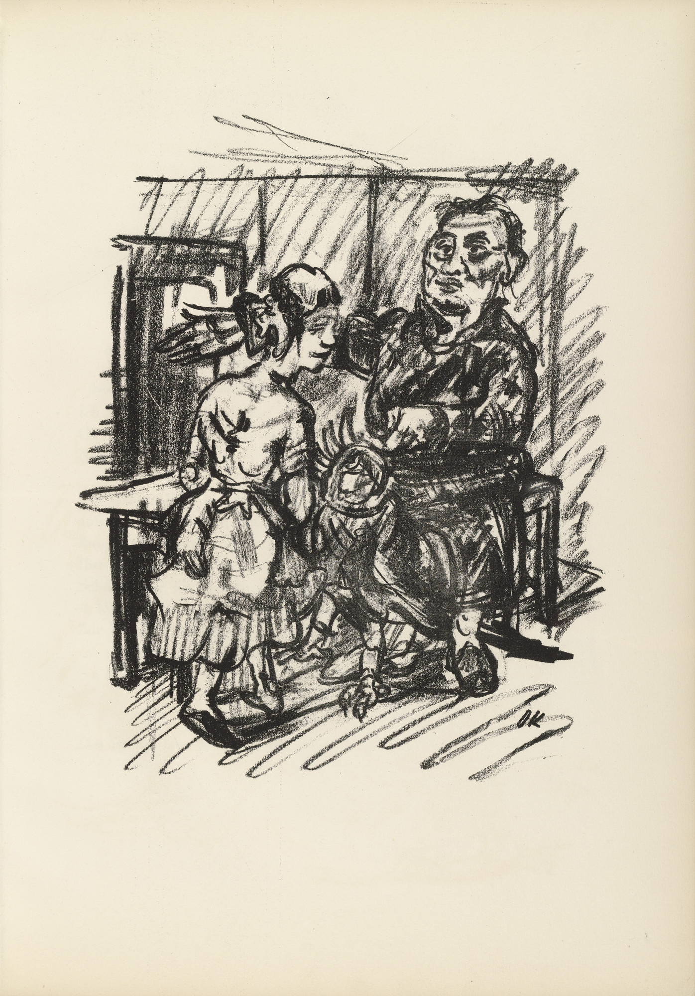 Oskar Kokoschka. Job, Chambermaid and Parrot (Hiob, Kammerjungfrau und Papagei) (plate, page 7) from Hiob (Job)