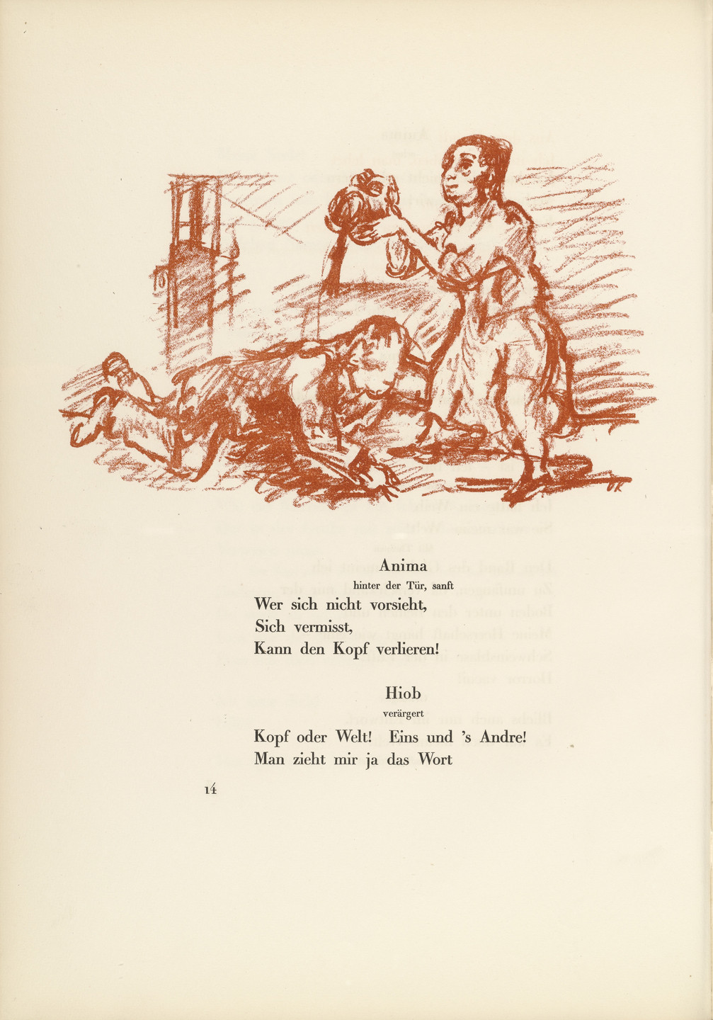 Oskar Kokoschka. Job Before Anima's Door (Hiob vor der Türe Animas) (in-text plate, page 14) from Hiob (Job). 1916–17, published 1917