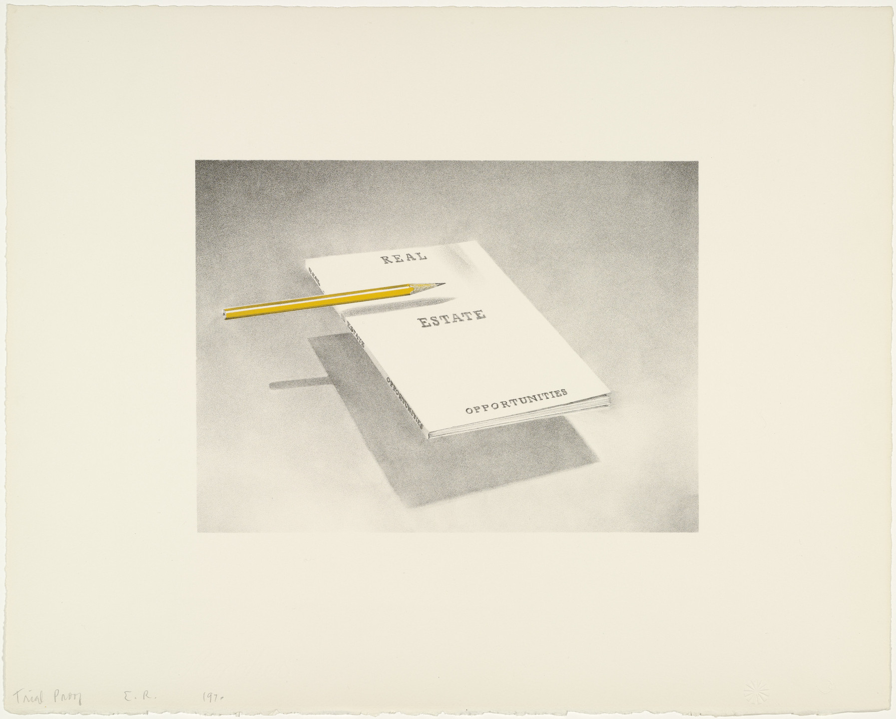 A booklet titled &#34;REAL ESTATE OPPORTUNITIES&#34; lies on a gray surface with a yellow pencil resting on it. The image predominantly features shades of gray and white, with the pencil adding a touch of yellow. This is an AI generated description. To give feedback, email ai@moma.org.