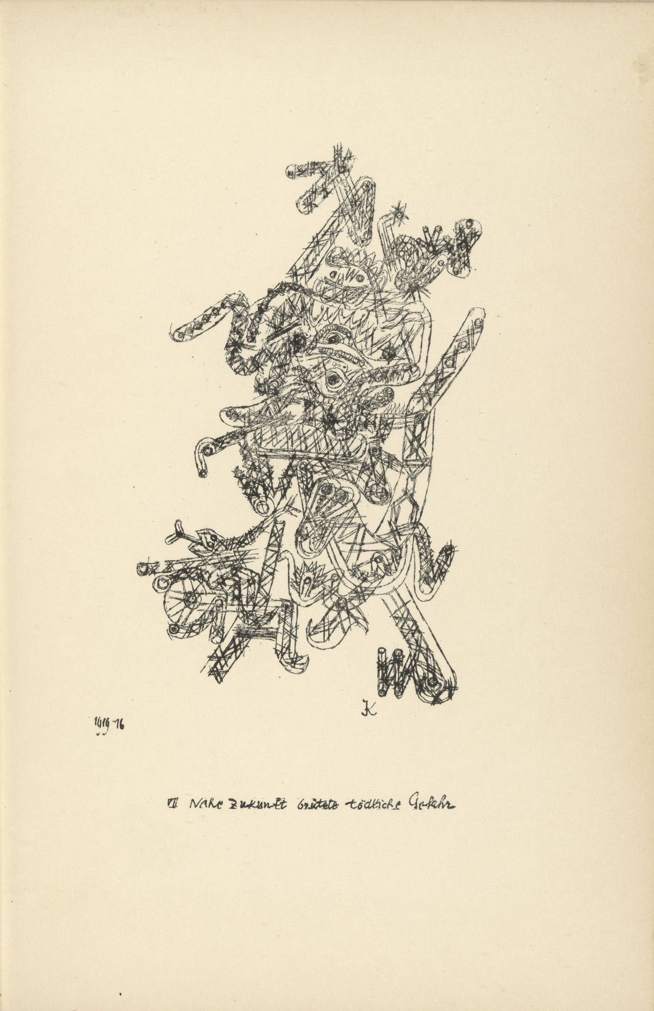 Paul Klee. The Near Future Holds Mortal Danger (plate facing page 70) from Potsdamer Platz oder Die Nächte des neuen Messias. Ekstatische Visionen (Potsdamer Platz or The Nights of the New Messiah. Ecstatic Visions)