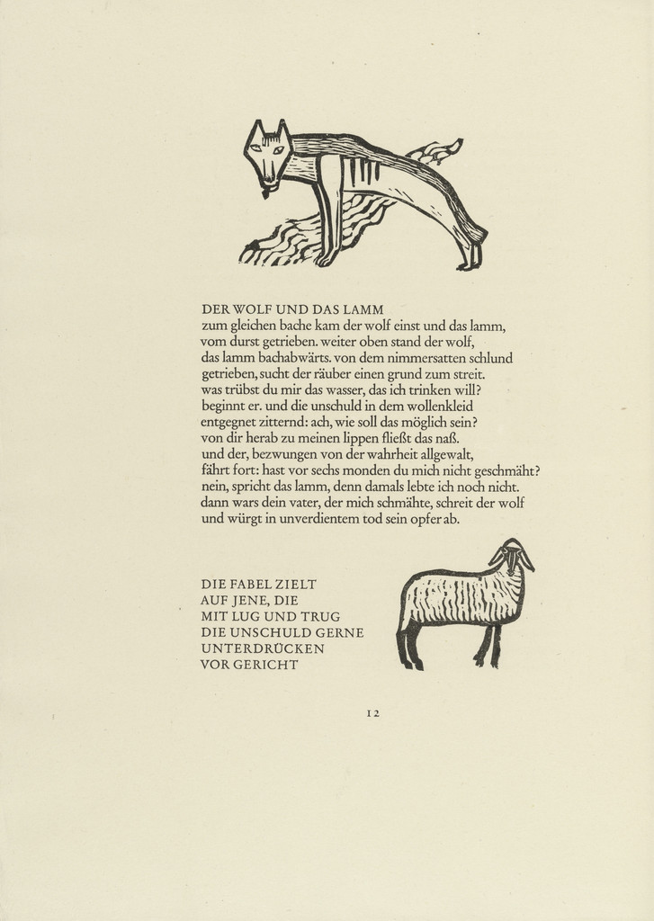 Wolf (Wolf) and Lamb (Lamm) (in-text plates, page 12) from Tierfabeln des Aesop (Aesop's Fables), Gerhard Marcks, (1950, print executed 1949-50)
