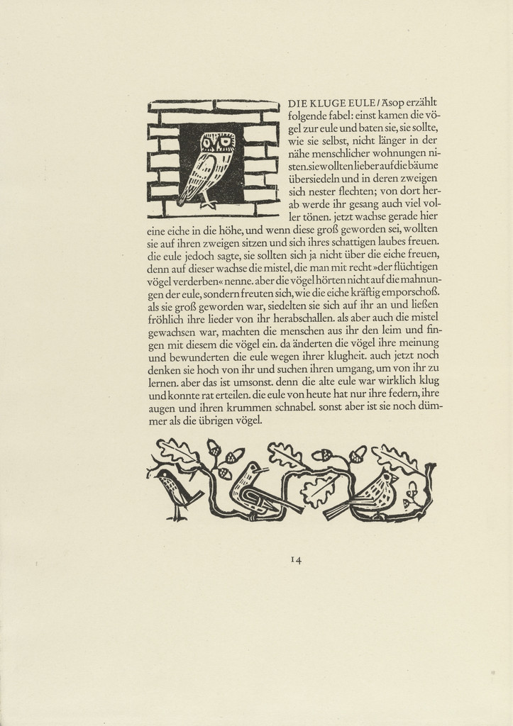 Owl (Eule) and Birds II (Vögel II) (headpiece and in-text plate, page 14) from Tierfabeln des Aesop (Aesop's Fables)