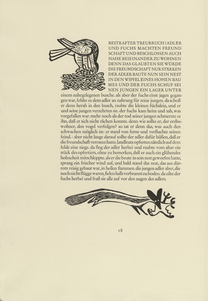 Eagle in a Nest (Adler auf dem Nest III) and Fox with Young Eagle (Fuchs mit Adlerjungen) (in-text plates, page 18) from Tierfabeln des Aesop (Aesop's Fables)