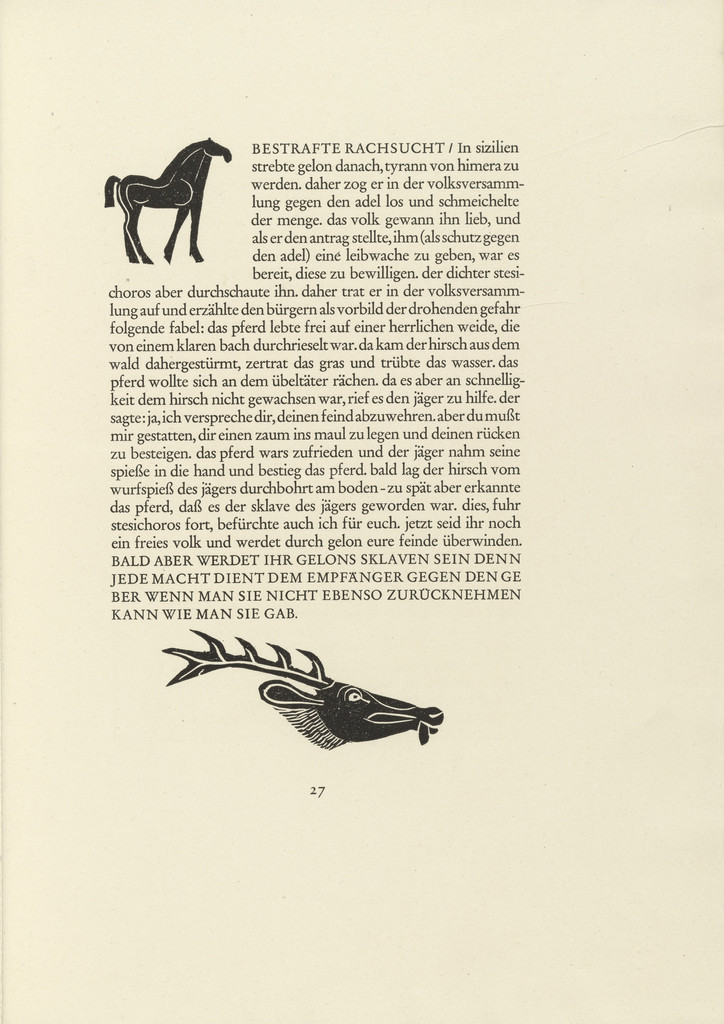 Horse (Pferd) and Stag's Head (Hirschkopf) (in-text plates, page 27) from Tierfabeln des Aesop (Aesop's Fables)