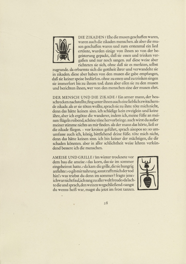 Cicada (Zikade) and Ant (Ameise) (in-text plates, page 28) from Tierfabeln des Aesop (Aesop's Fables)
