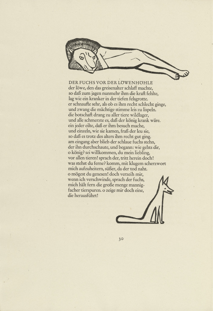 Reclining Lion (Liegender Löwe) and Fox (Fuchs) (in-text plates, page 30) from Tierfabeln des Aesop (Aesop's Fables)
