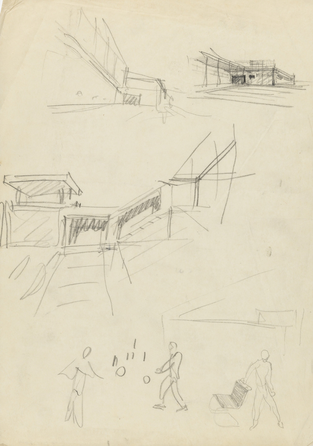 Ludwig Mies van der Rohe. Three perspective sketches and one