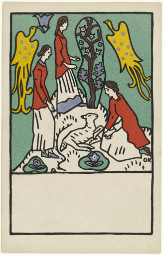 Oskar Kokoschka. Three Girls, a Lamb and Birds of Paradise (Drei Mädchen, Lamm und Paradiesvögel) (postcard). 1908