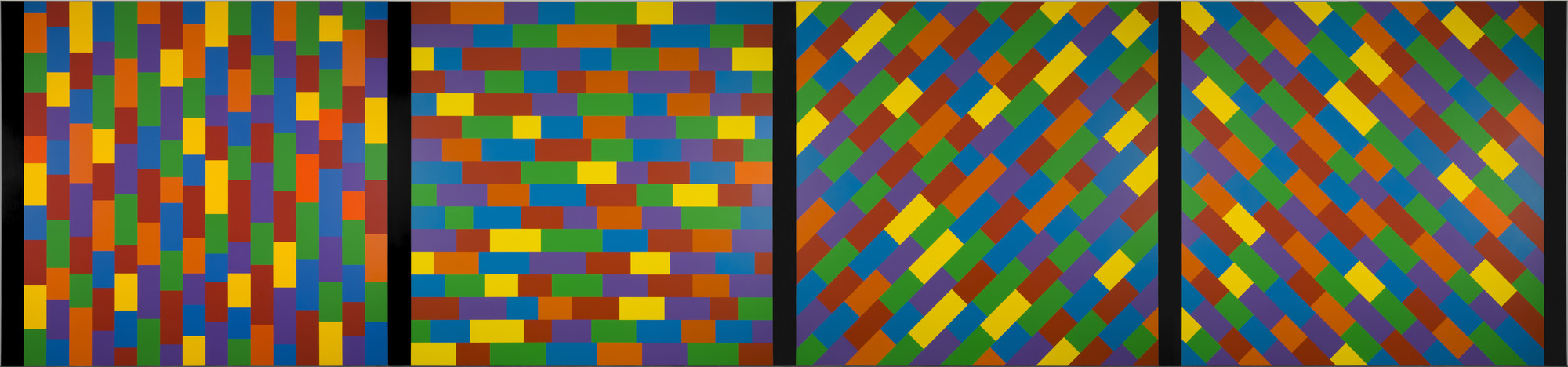 The image shows four vertical panels filled with small, colorful rectangular shapes arranged in various patterns. Predominant colors include red, blue, yellow, green, and purple. This is an AI generated description. To give feedback, email ai@moma.org.