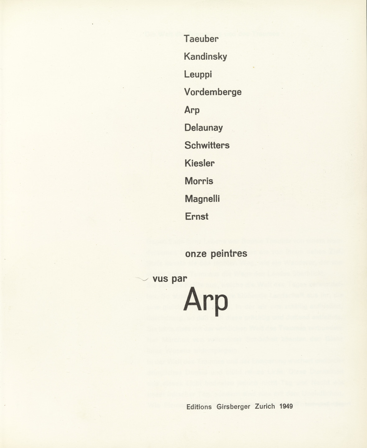 Léo Leuppi, Vasily Kandinsky, Jean (Hans) Arp, Various Artists. Onze Peintres (Eleven Painters): Taeuber, Kandinsky, Leuppi, Vordemberge, Arp, Delaunay, Schwitters, Kiesler, Morris, Magnelli, Ernst. (Kandinsky woodcut executed 1908-1909; republished posthumously).