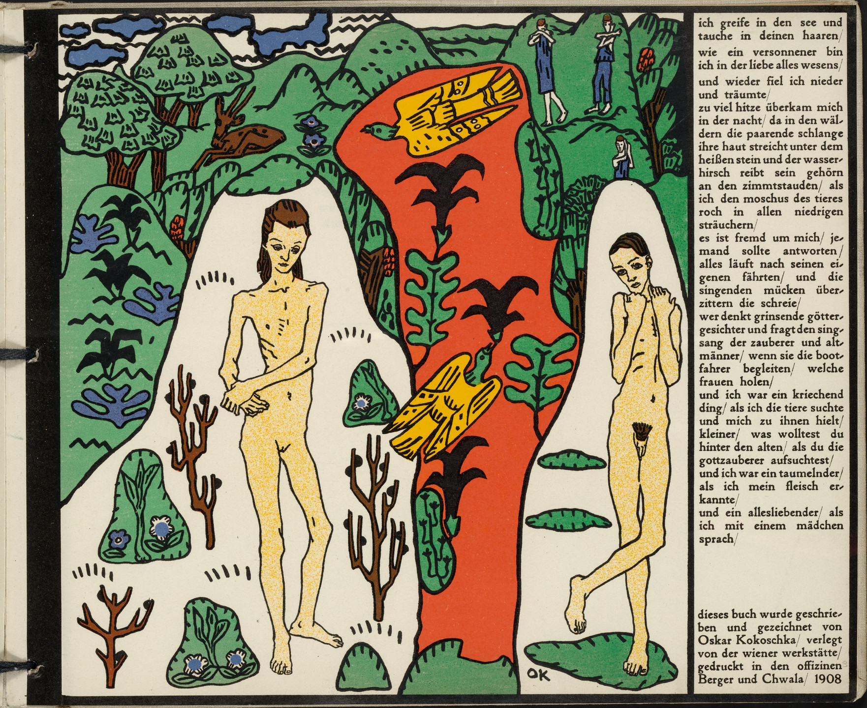 The image depicts two nude figures standing within a landscape of green hills, plants, and trees, with a large yellow bird in the center. To the right, there is black text on a white background. This is an AI generated description. To give feedback, email ai@moma.org.