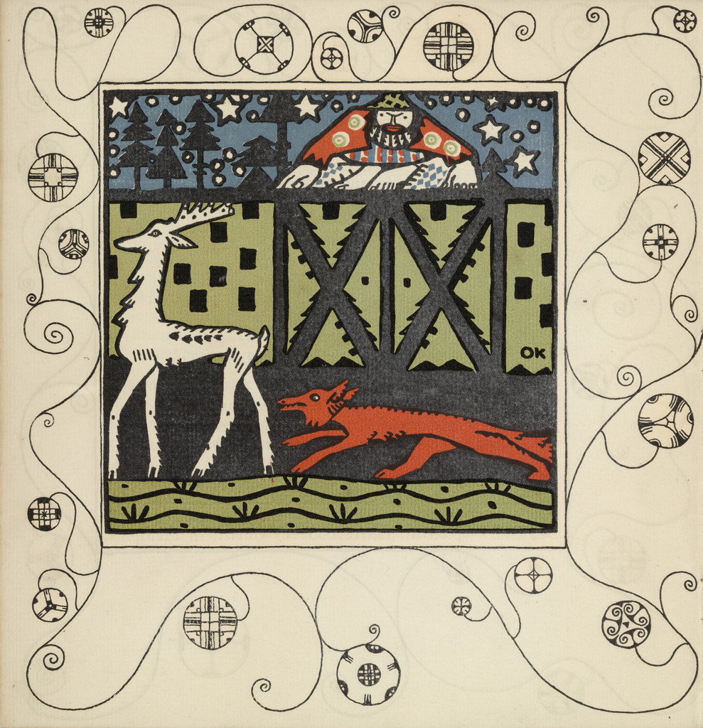 Shepherd, Stag and Fox (Hirt, Hirsch und Fuchs). Illustration for the shadow play The Speckled Egg (Das getupfte Ei) (plate 1) from the First Theater Program of Kabarett Fledermaus (Cabaret Fledermaus), Oskar Kokoschka, 1907