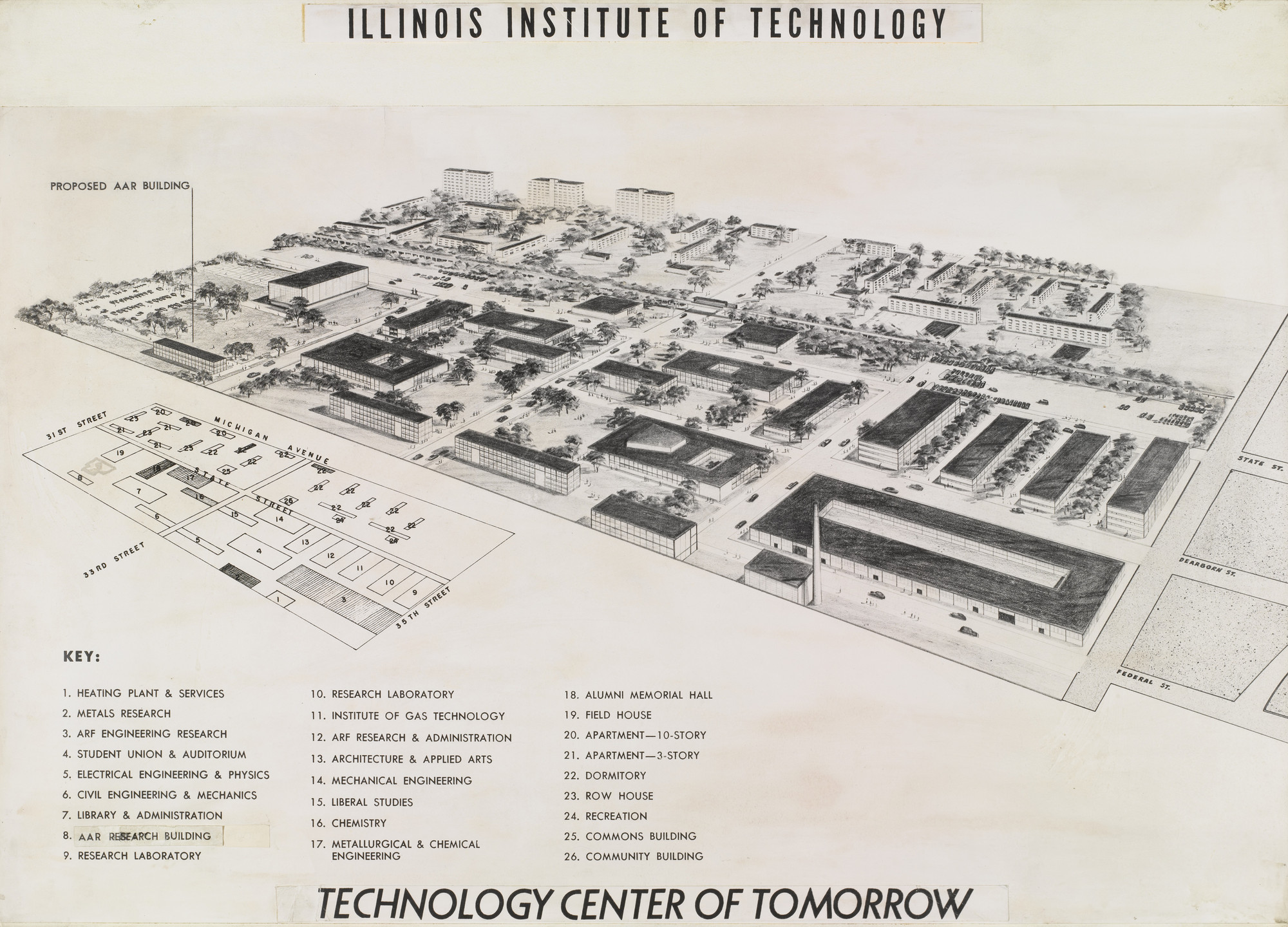 Ludwig Mies van der Rohe. IIT Master Plan, Chicago, Illinois, "Technology Center" , Site plan, aerial perspective