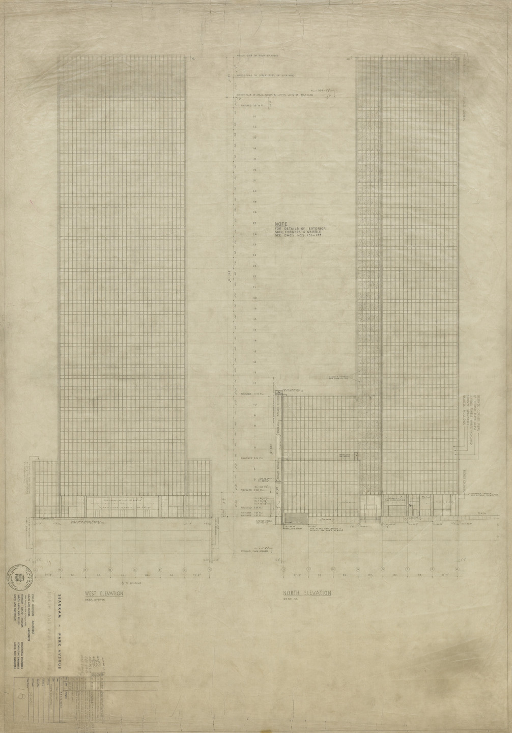 Ludwig Mies van der Rohe, Philip Johnson, Kahn &amp; Jacobs. Seagram Building, New York City, New York, (North and west elevations). 1957