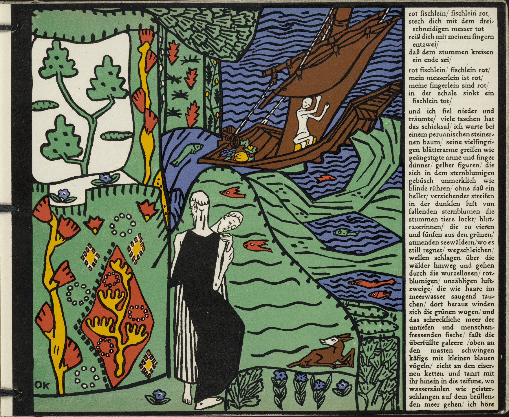 The image features a green and blue patterned background with a small sailboat and a figure holding an oar. In the foreground, a black and white figure stands beside colorful abstract shapes, trees, and red fish. This is an AI generated description. To give feedback, email ai@moma.org.