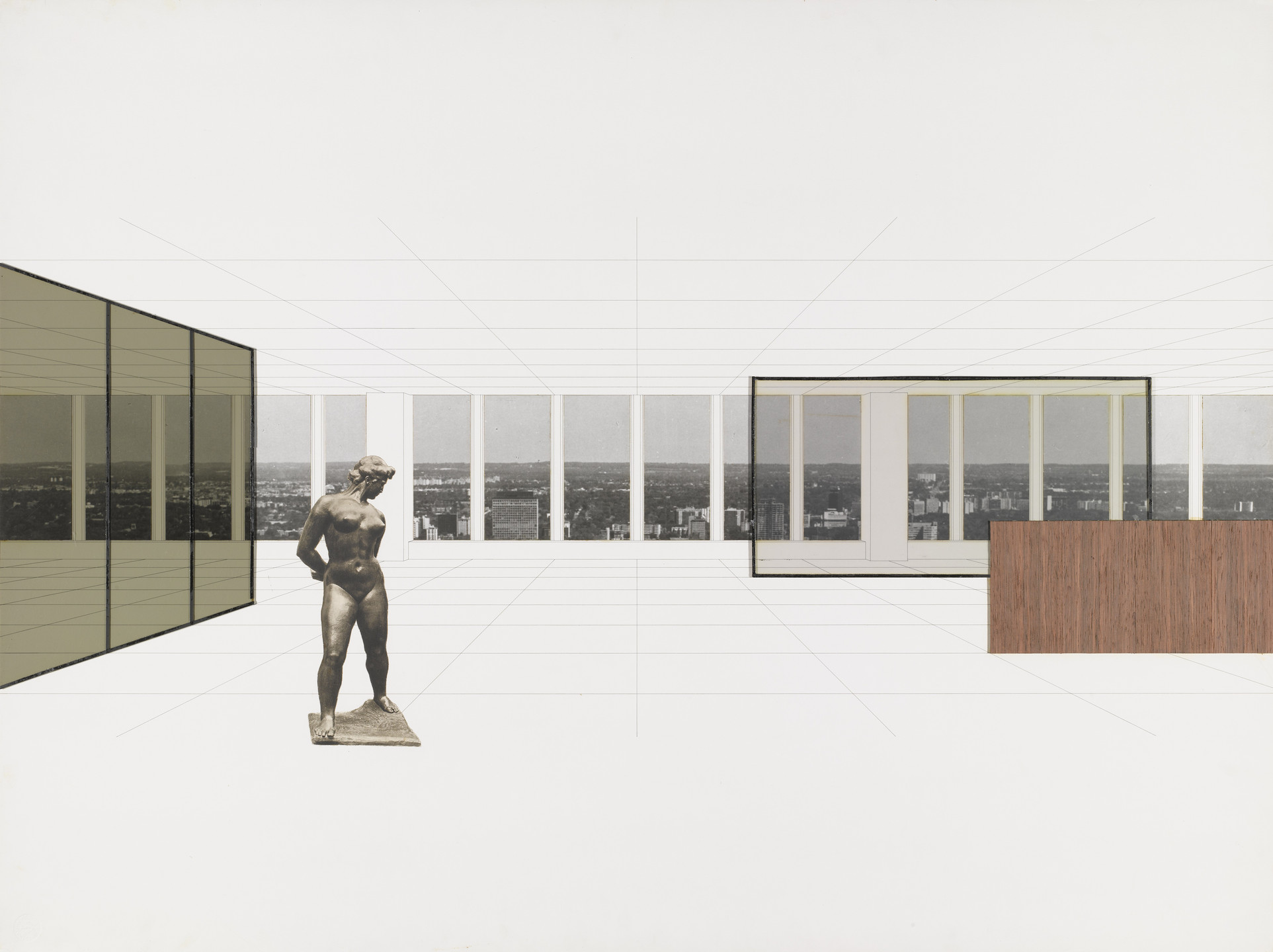 Ludwig Mies van der Rohe. Georg Schaefer Museum Project, Schweinfurt, Germany (Interior perspective with view of site). 1960–1963