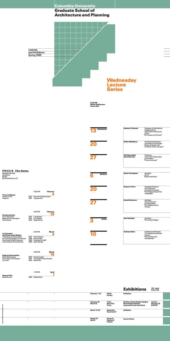 Willi Kunz. Columbia University, Graduate School of Architecture, Planning and Preservation Lecture Series Spring 1985. 1985