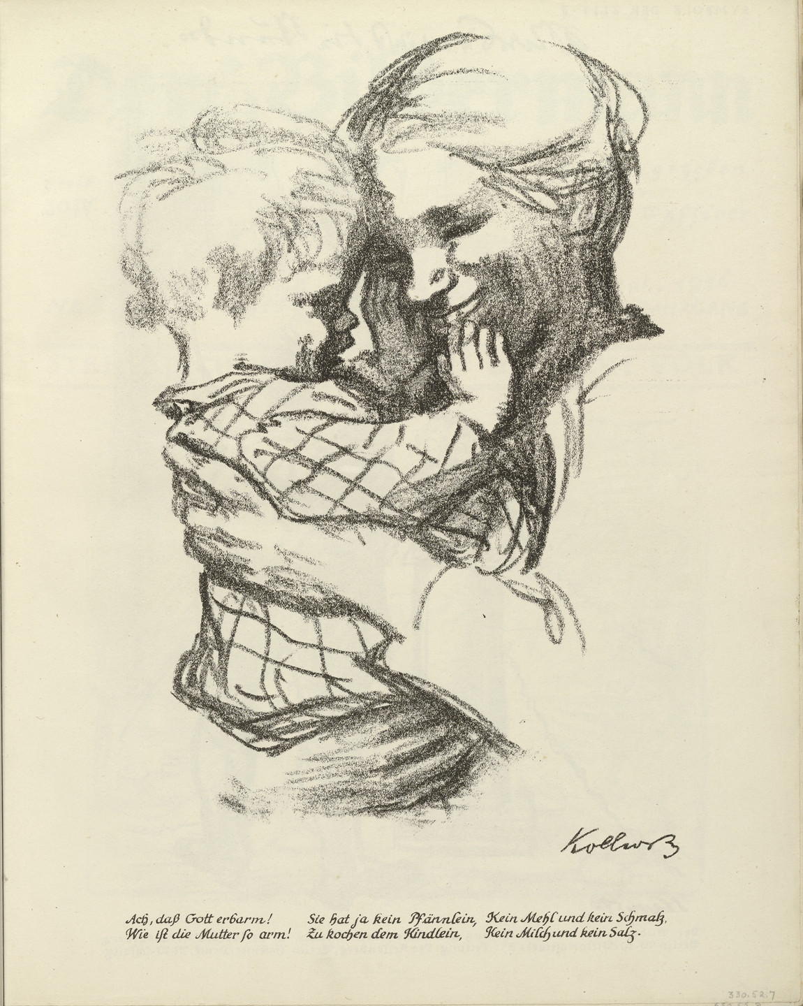 Käthe Kollwitz. Mother with a Child in her Arms (Mutter mit Kind auf dem Arm) (plate, folio 5) from the periodicial Der Bildermann, vol. 1, no. 2 (Apr 1916). 1916