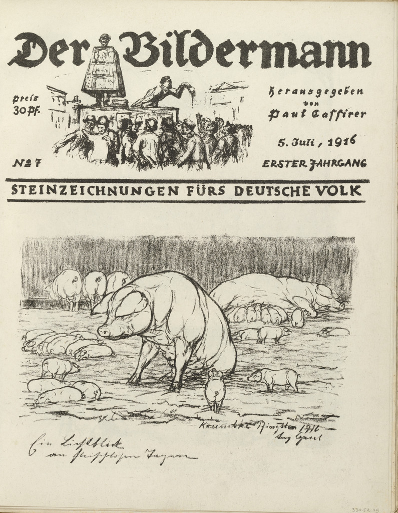 A Ray of Hope on Meatless Days (Ein Lichtblick an fleischlosen Tagen) (front cover, folio 14) from the periodical Der Bildermann, vol. 1, no. 7 (Jul 1916)