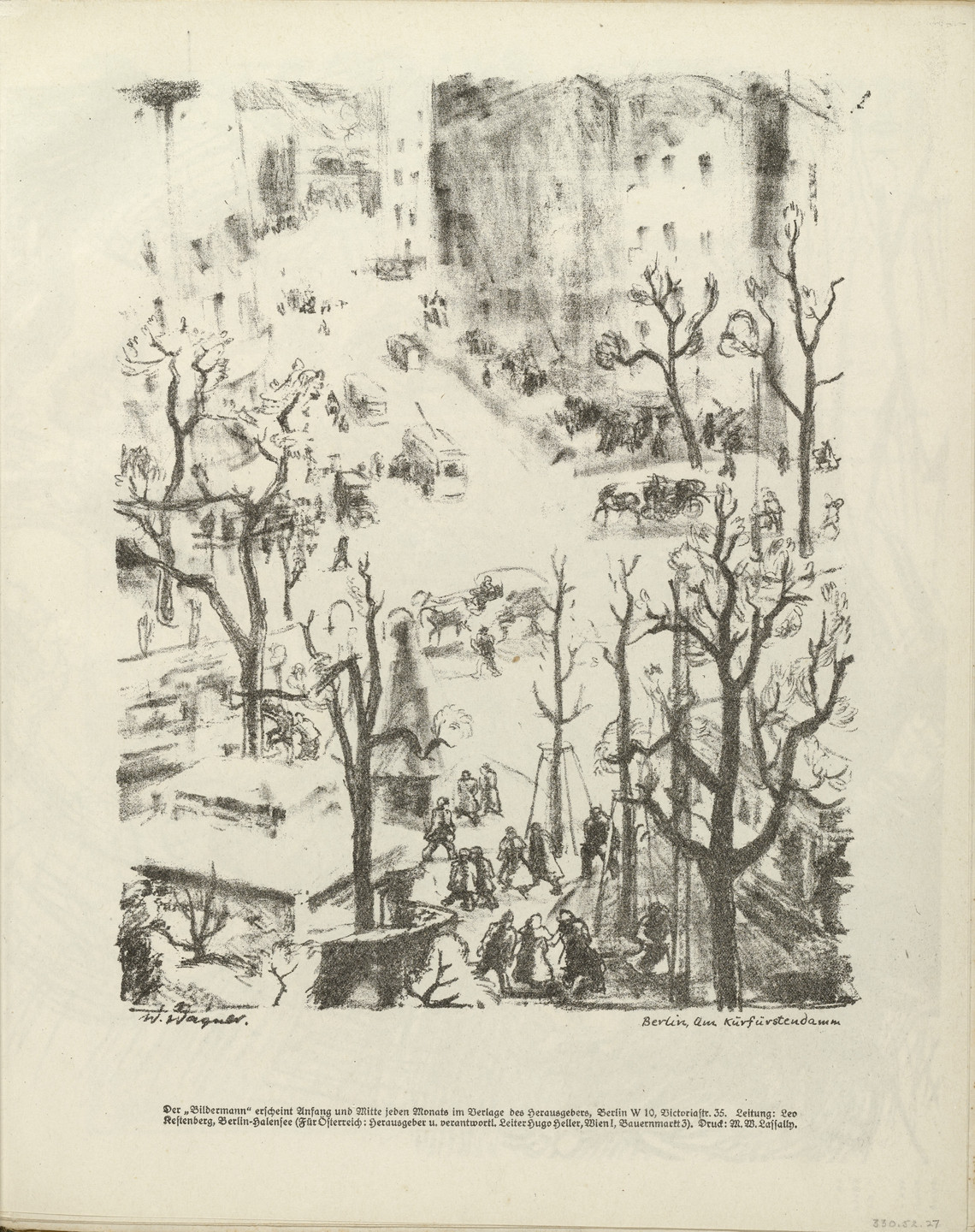 Wilhelm Wagner. On the Kurfürstendamm, Berlin (Berlin, Am Kurfürstendamm) (plate, folio 15) from the periodical Der Bildermann, vol. 1, no. 7 (July 1916). 1916