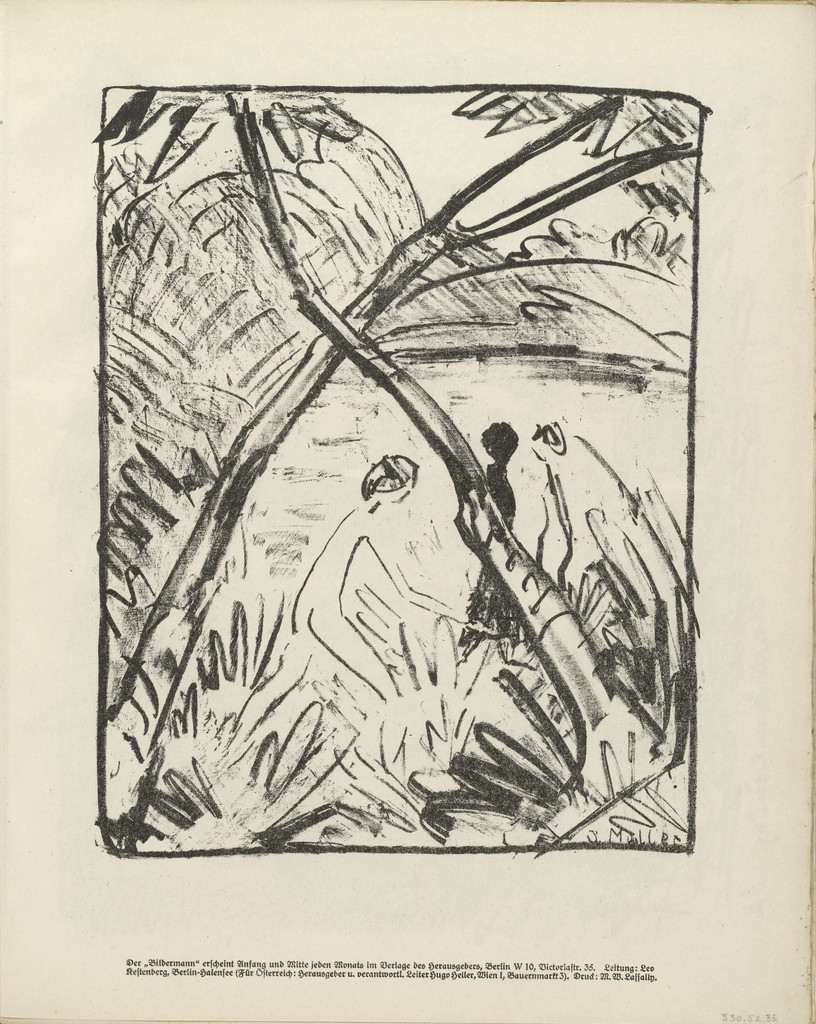 Three Figures and Crossed Tree Trunks (Drei Figuren und gekreuzte Stämme) (plate, folio 19) from the periodical Der Bildermann, vol. 1, no. 9 (Aug 1916)