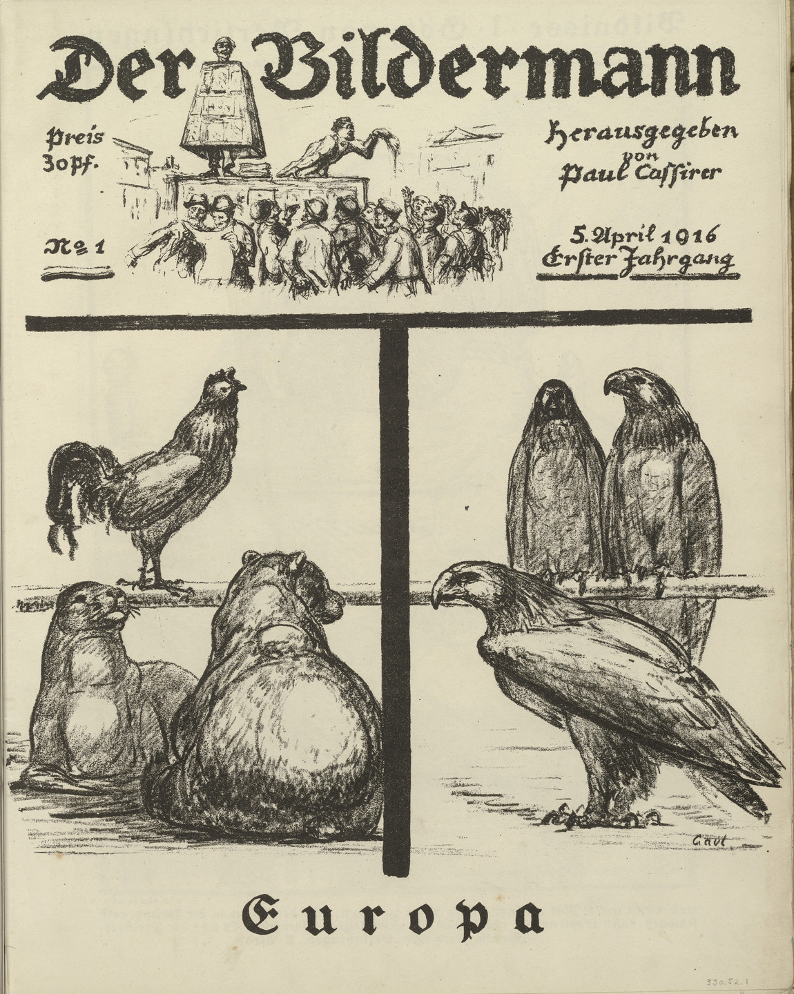 August Gaul. Europe (Europa) (front cover, folio 2) from the periodical Der Bildermann, vol. 1, no. 1 (Apr 1916). 1916