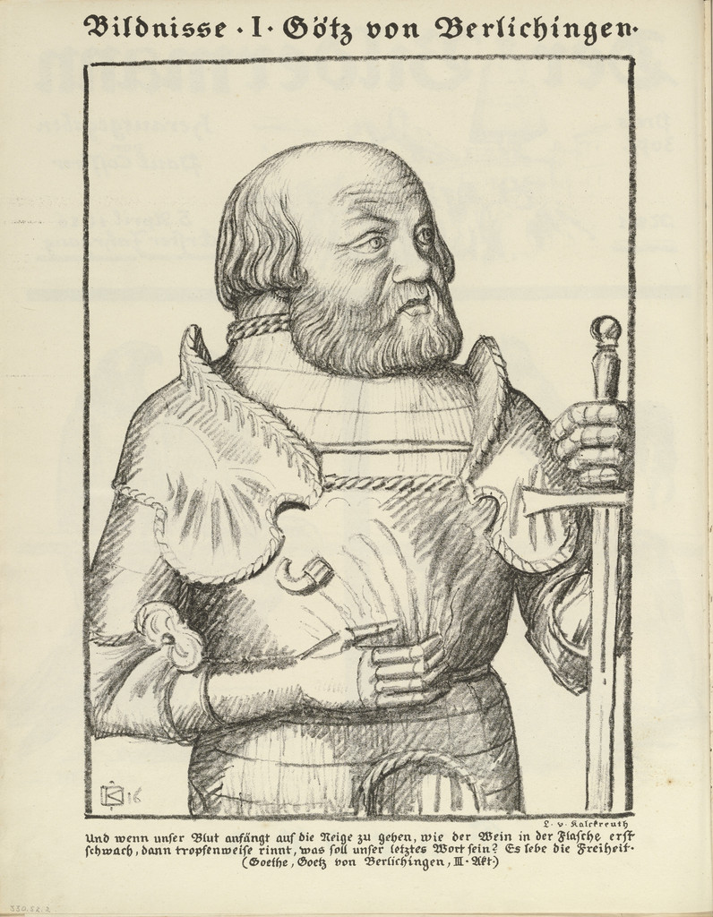 Portrait I: Götz von Berlichingen (Bildnisse I: Götz von Berlichingen) (plate, folio 2 verso) from the periodical Der Bildermann, vol. 1, no. 1 (April 1916)
