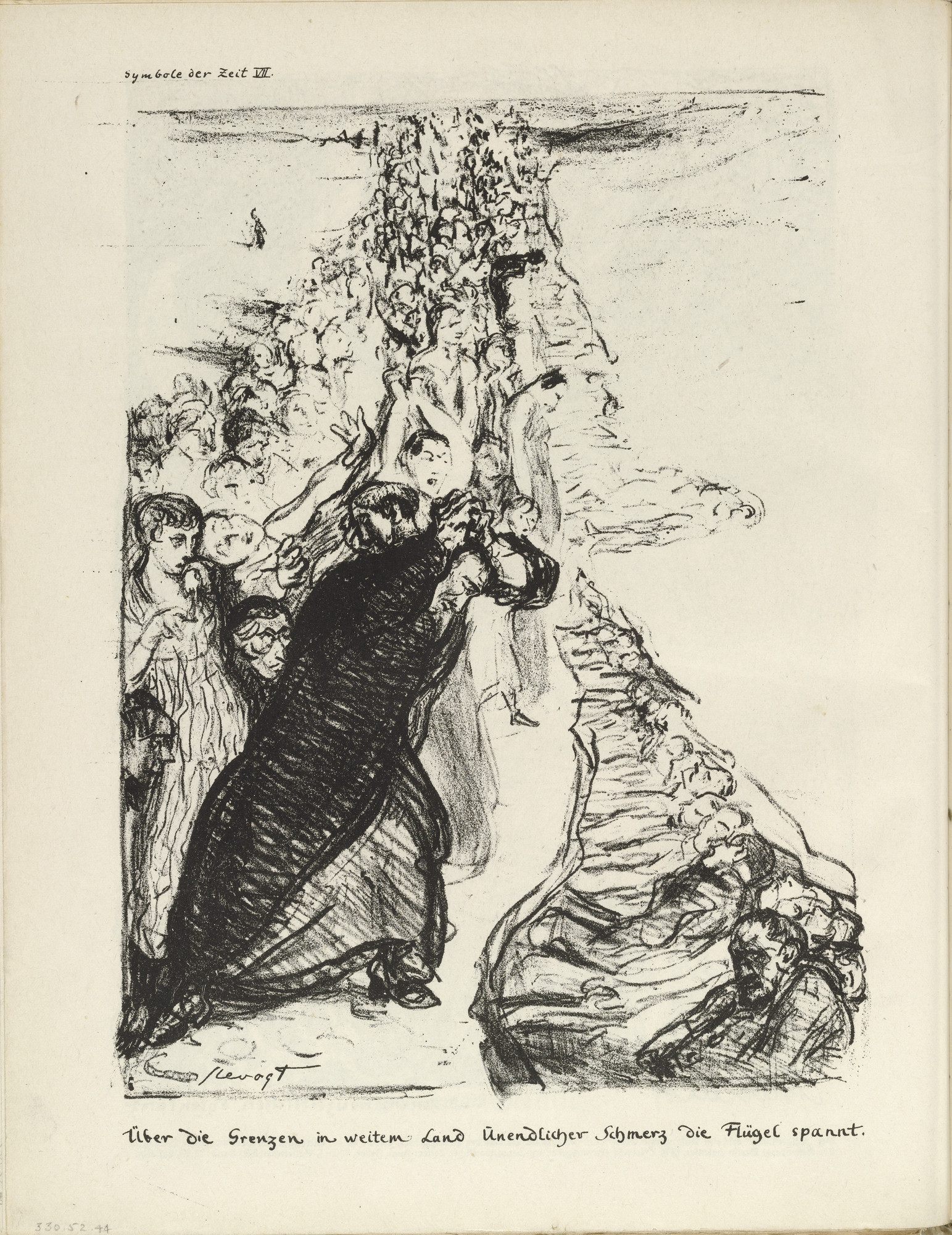 Max Slevogt. Signs of the Times VII (Symbole der Zeit VII: Über die Grenzen in weiten Land Unendlicher Schmerz die Flügel spannt.) (plate, folio 23) from the periodical Der Bildermann , vol. 1, no. 11 (Sep 1916)