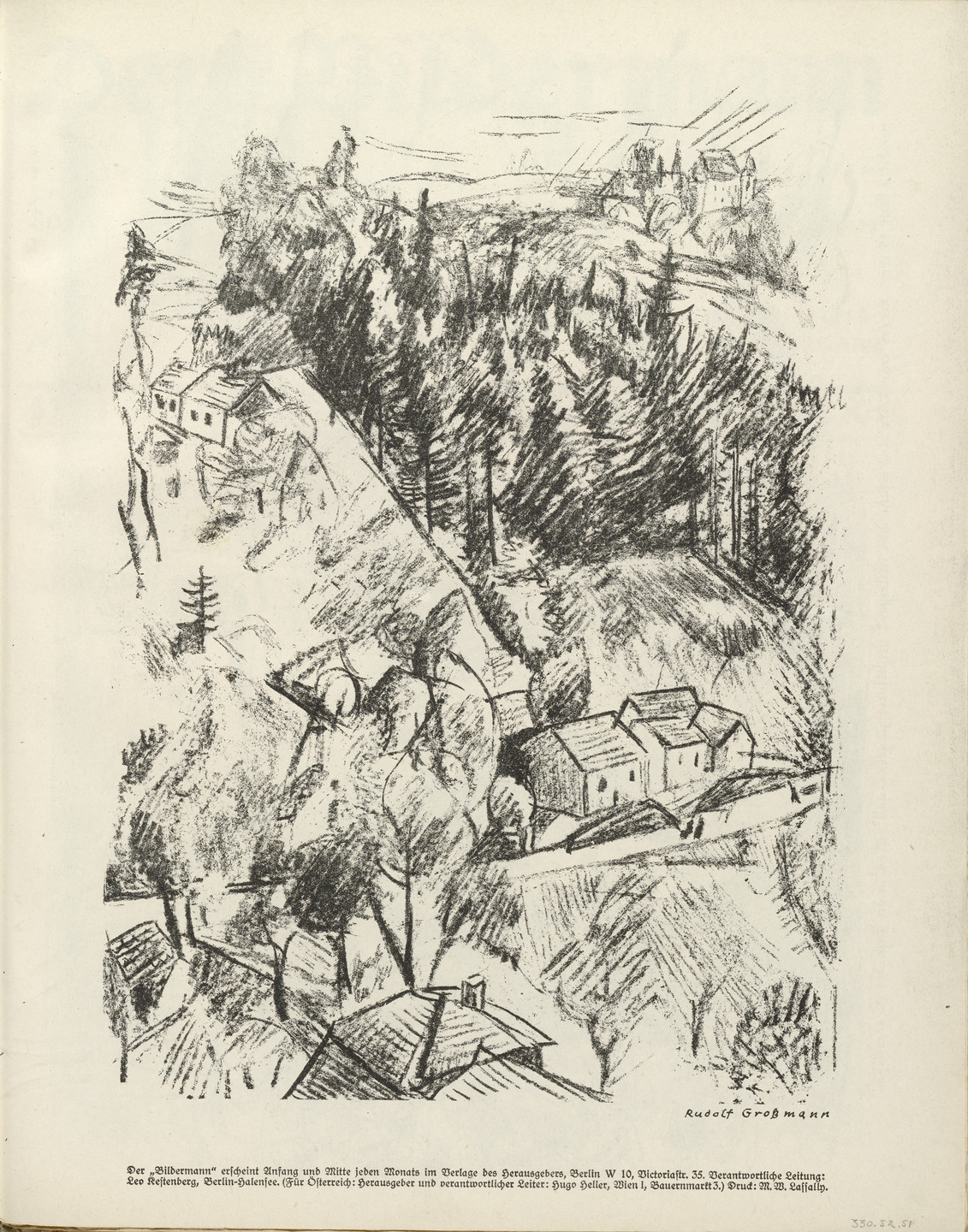 Rudolf Grossmann. Hilly Landscape (Hügellandschaft) (plate, folio 27) from the periodical Der Bildermann, vol. 1, no. 13 (Oct 1916)_ _. 1916