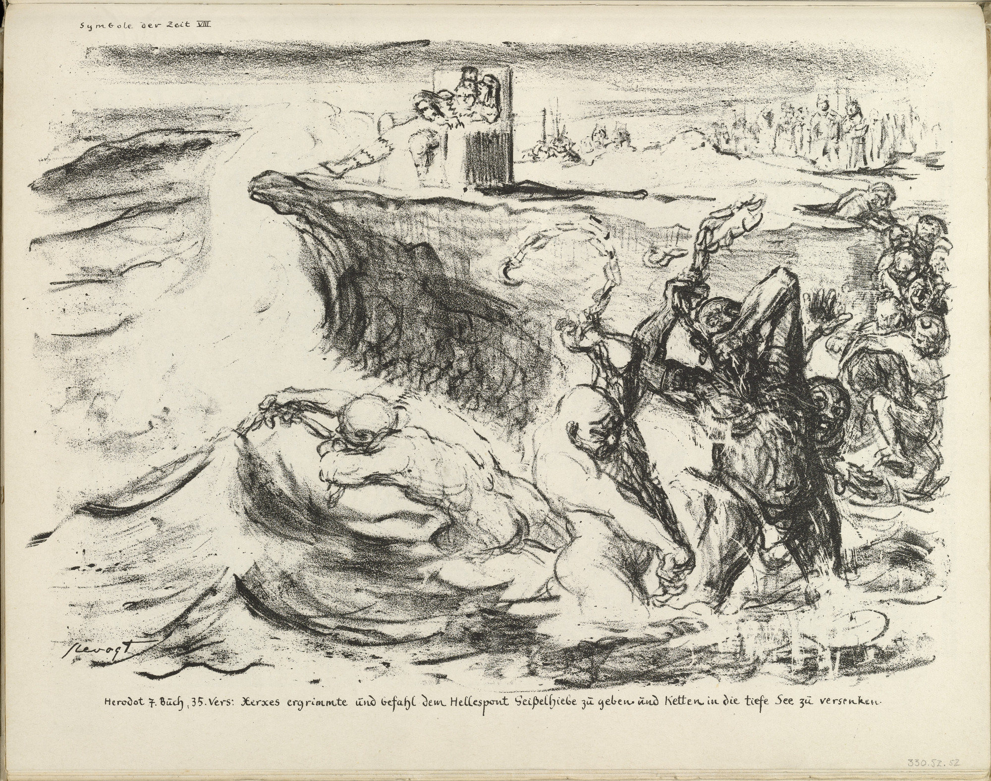 Max Slevogt. Signs of the Times VIII: Xerxes Grew Angry (Symbole der Zeit VIII: Xerxes ergrimmte) (plate, folio 27) from the periodical Der Bildermann , vol. 1, no. 13 (Oct 1916)