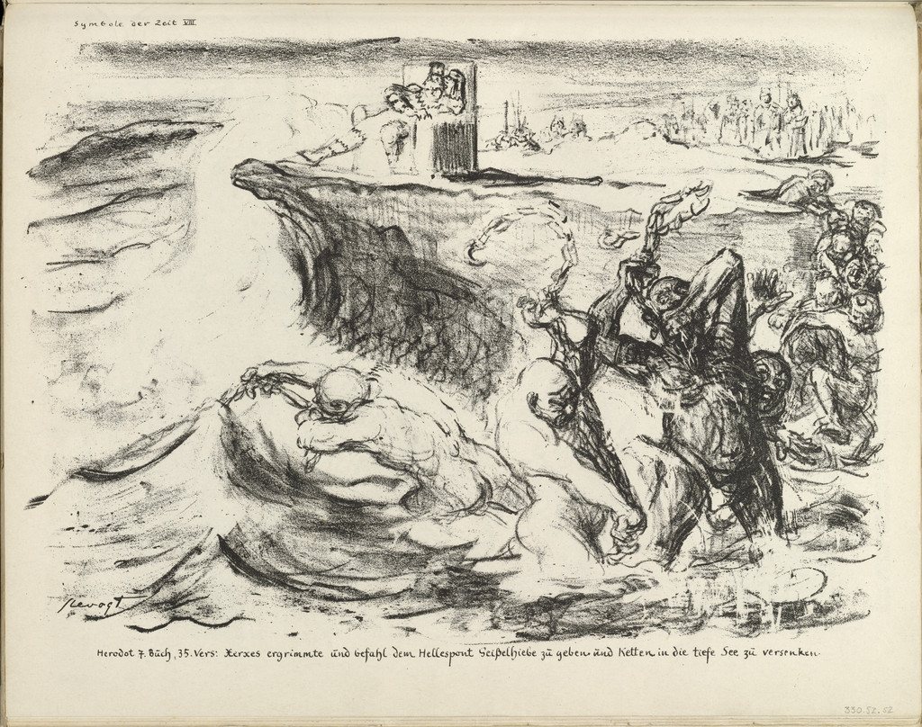 Signs of the Times VIII: Xerxes Grew Angry (Symbole der Zeit VIII: Xerxes ergrimmte) (plate, folio 27) from the periodical Der Bildermann, vol. 1, no. 13 (Oct 1916)